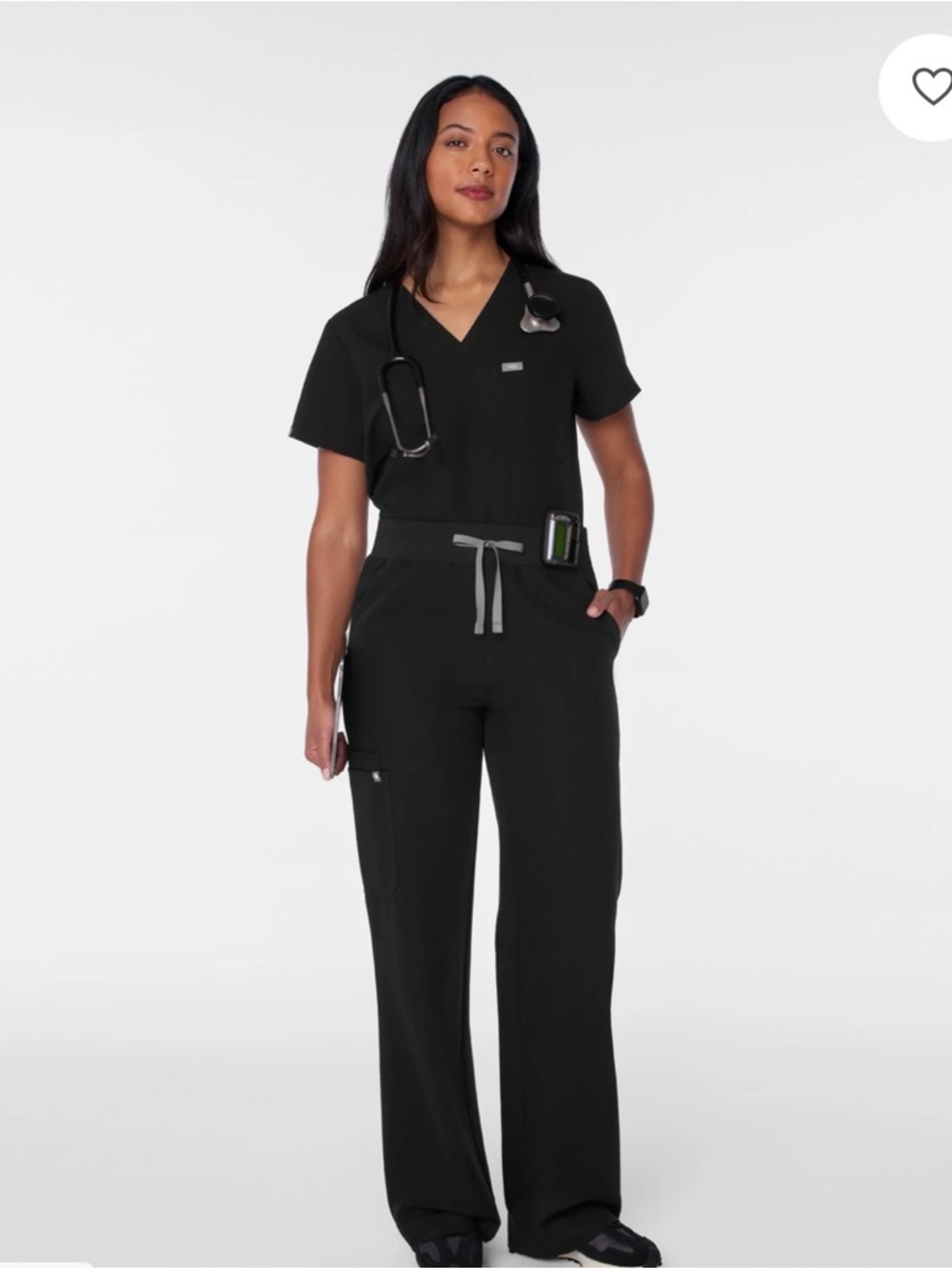 FIGS Isabel Black Women's High Waisted Wide-Leg Drawstring Scrub Pants - Picture 2 of 8